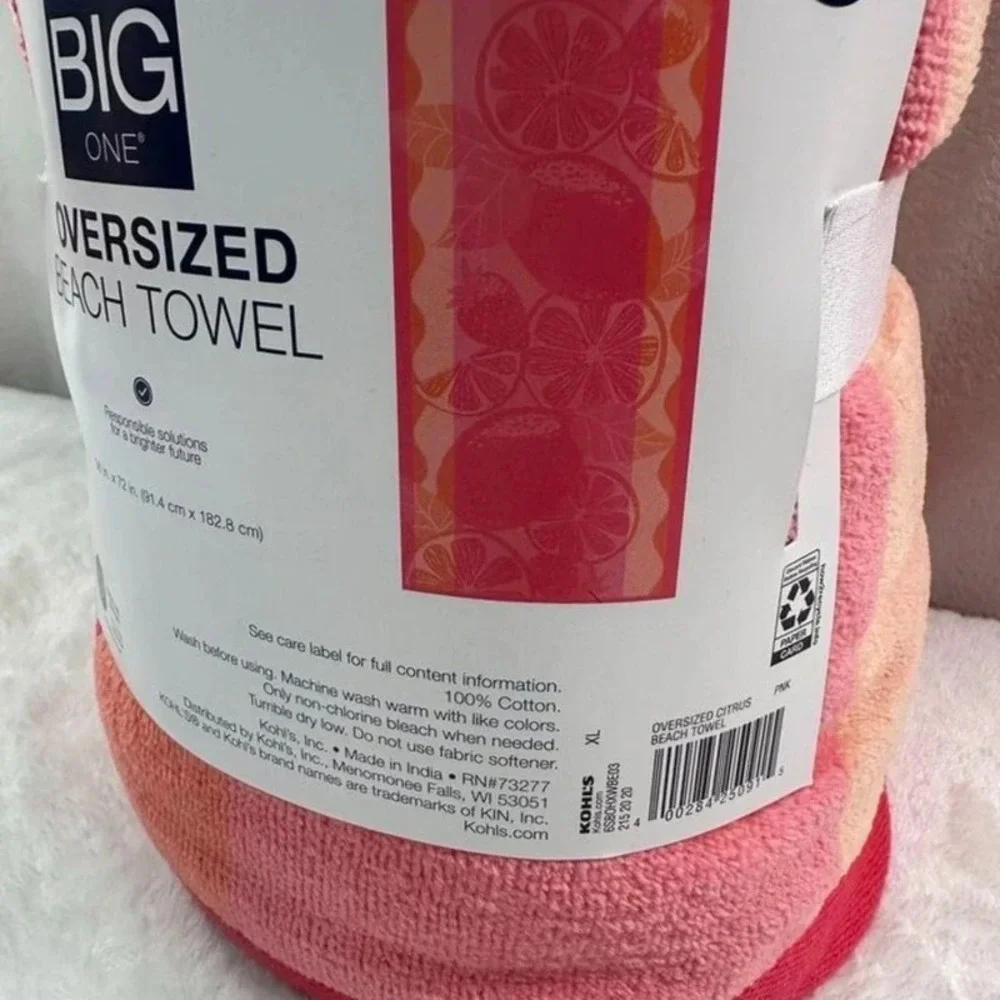 The Big One Oversized Beach Towel 36x72 Pink Citrus Fruit Print New w/ Tags
